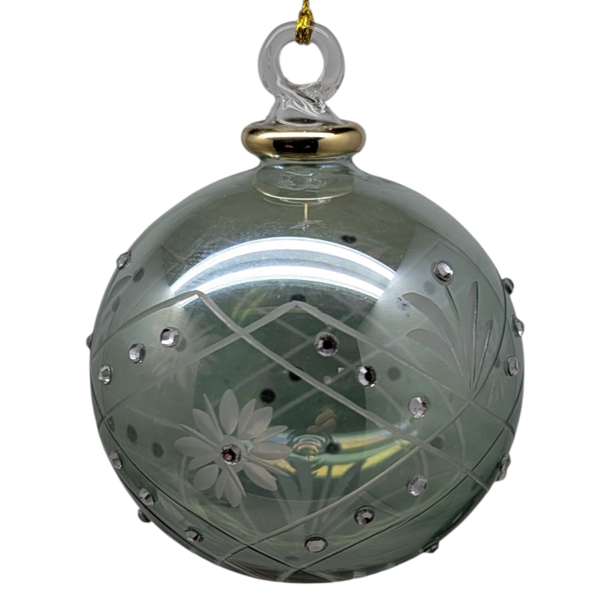 Sage Green Ball Ornament with Crystal Chatons and Gold Crown