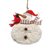 Wood and Fur Snowman Ornament - Grey Scarf with Cardinal