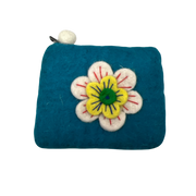 Felt Wool Coin Purse in Teal with Flower Applique