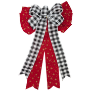 Fabric Bow - 18" x 10" - Red and Gold Stars with Black/White Gingham Ribbon
