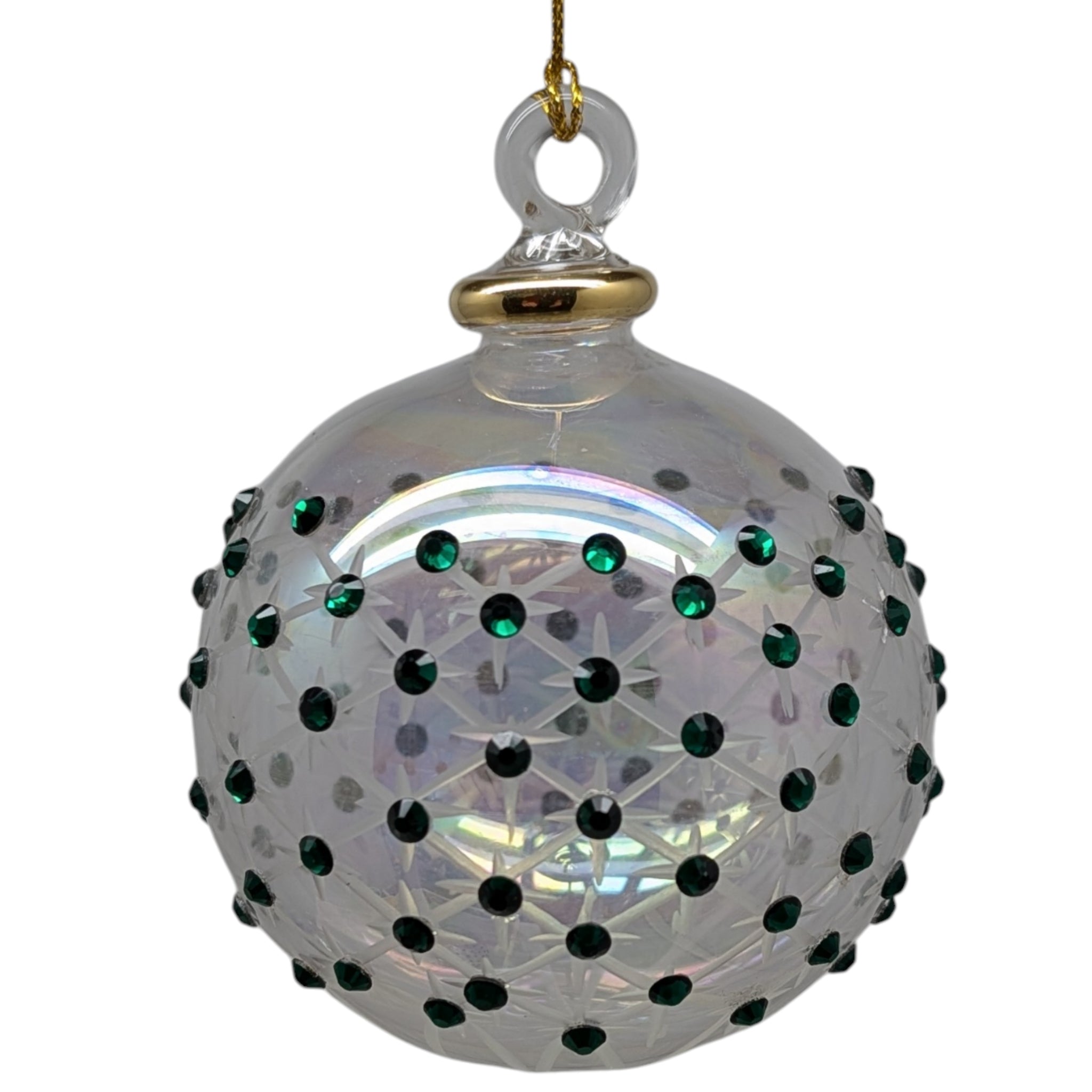 Crystal Clear Ball Ornament with Emerald Green Chatons and Gold Crown