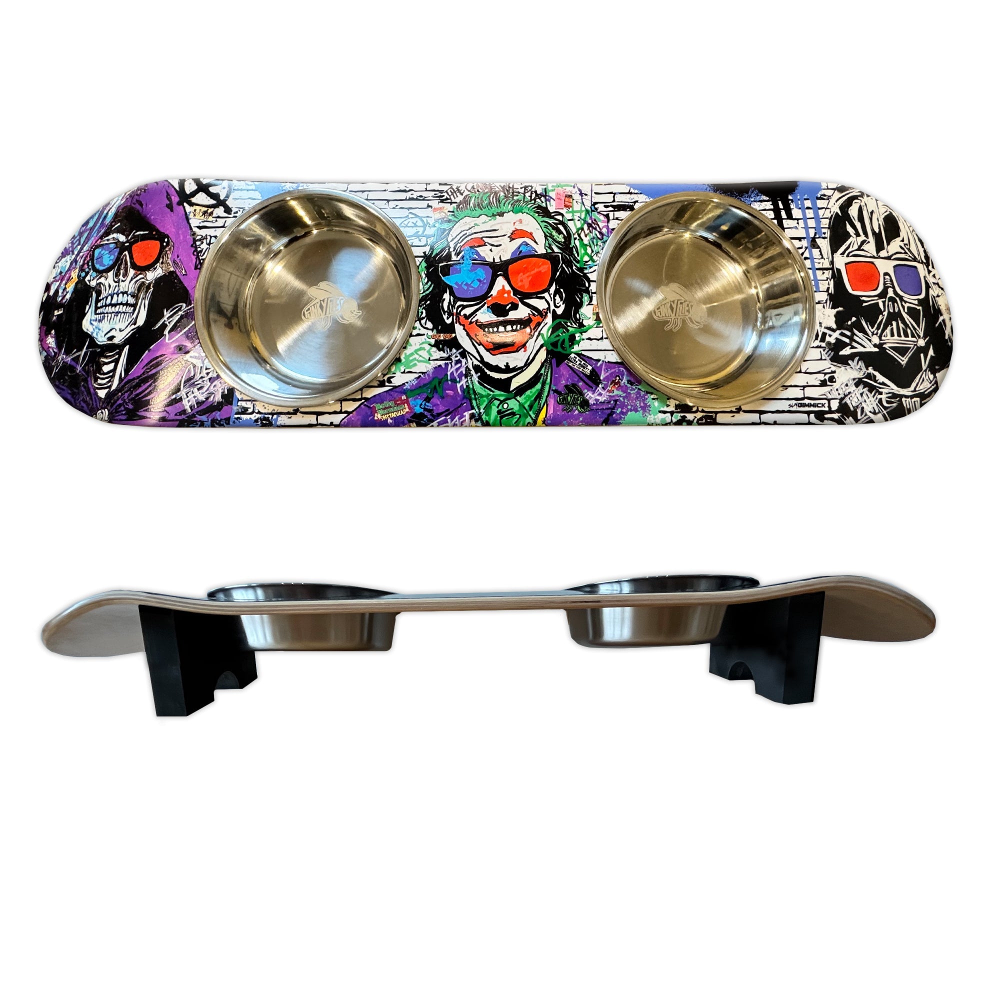 Villains In 3D - Elevated Skateboard Cat Feeding Stand with 2 Bowls