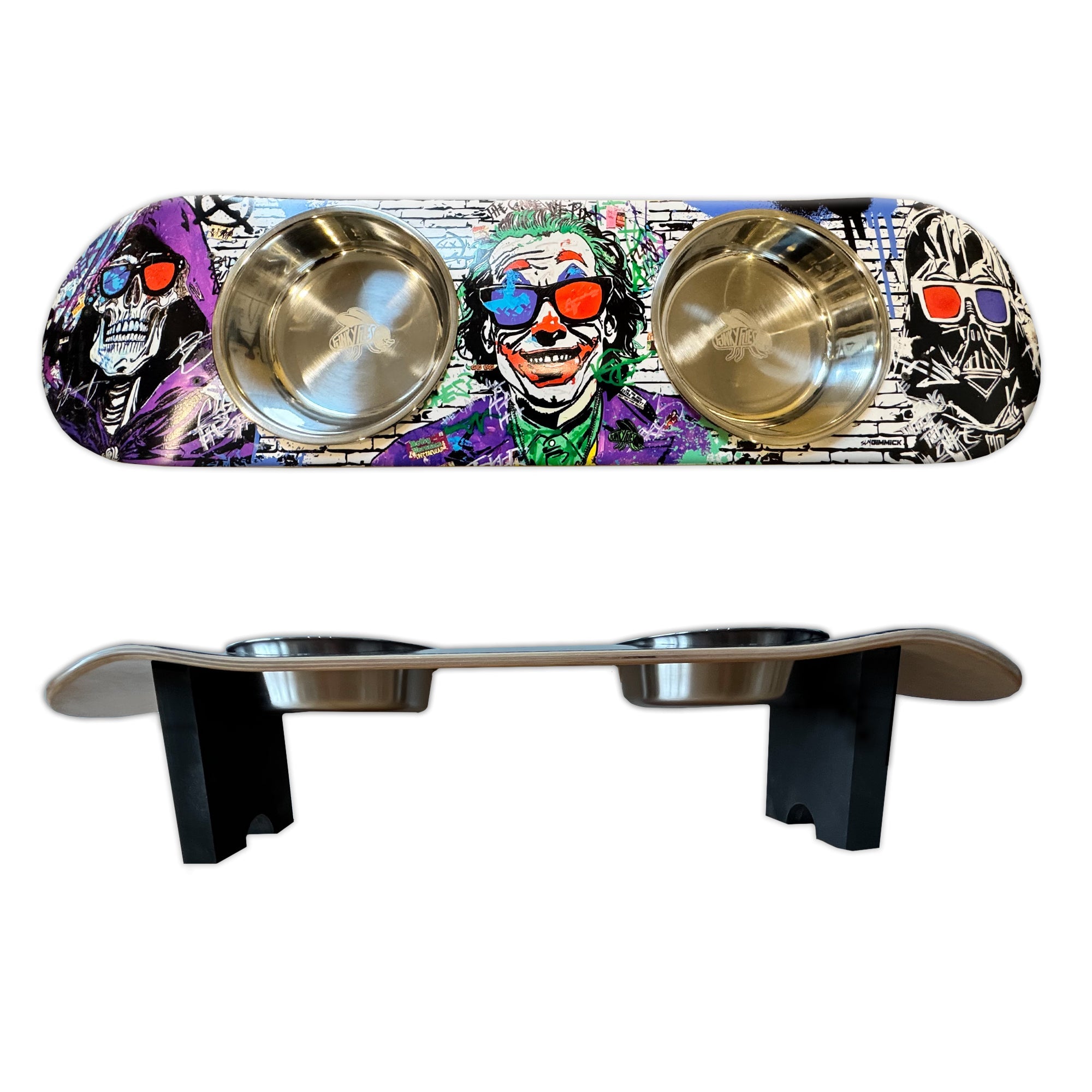 Villains In 3D - Elevated Skateboard Dog Feeding Stand with 2 Bowls