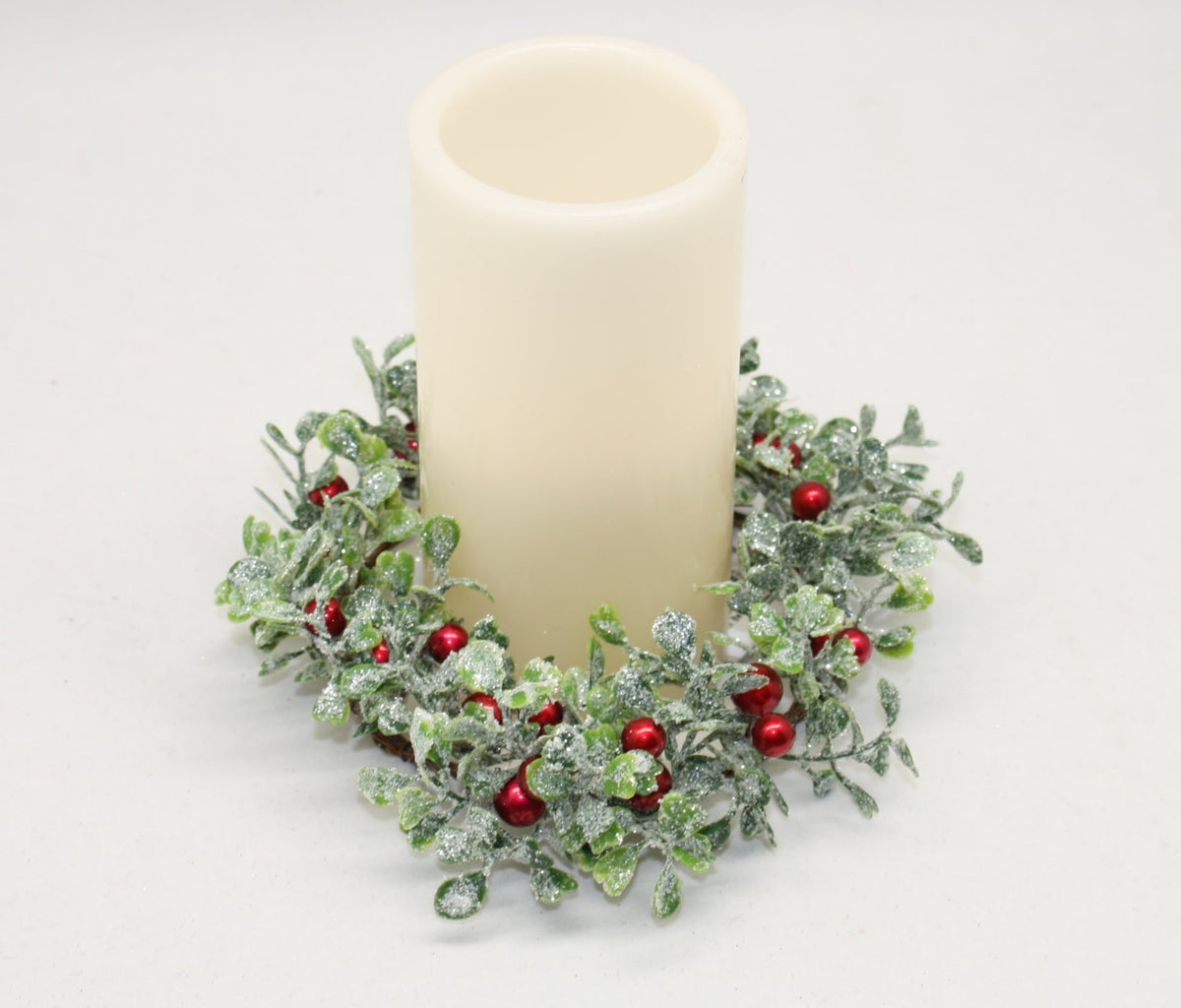 Faux Glittered Boxwood Candle Ring with Berries