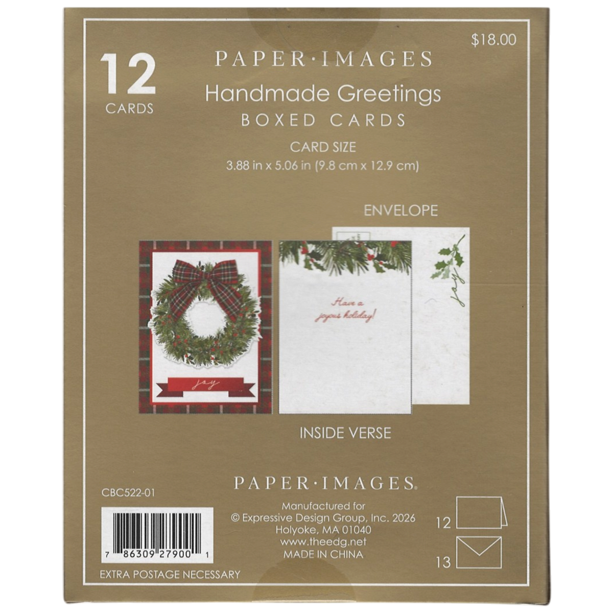 Handmade Greetings Boxed Cards - Joy Wreath