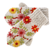 Knit Embroidered Floral Mittens - Cream