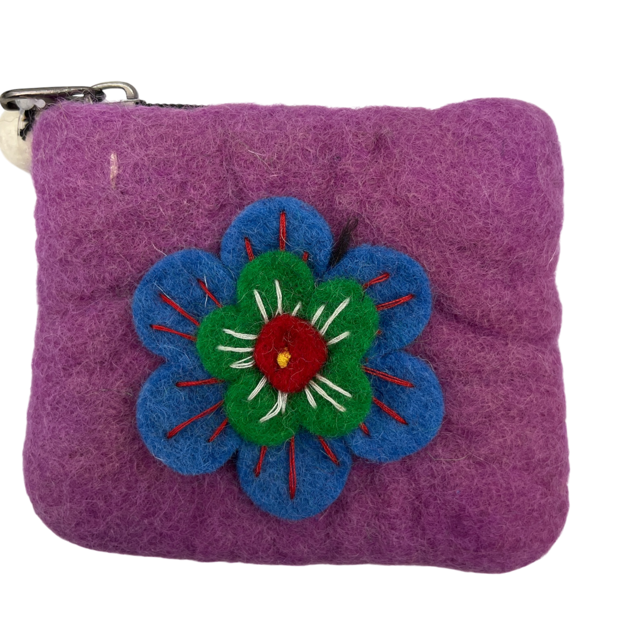 Felt Wool  Vibrant Purple Coin Purse with Flower Applique