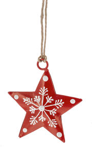 Mini Metal Star Ornament  - Red With White Snowflake