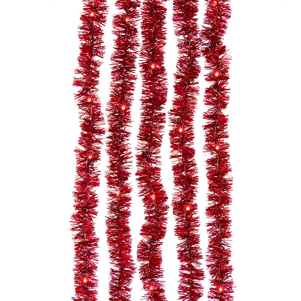 100-Light Red Iridescent Tinsel With Red Superbright LED Cascade Light