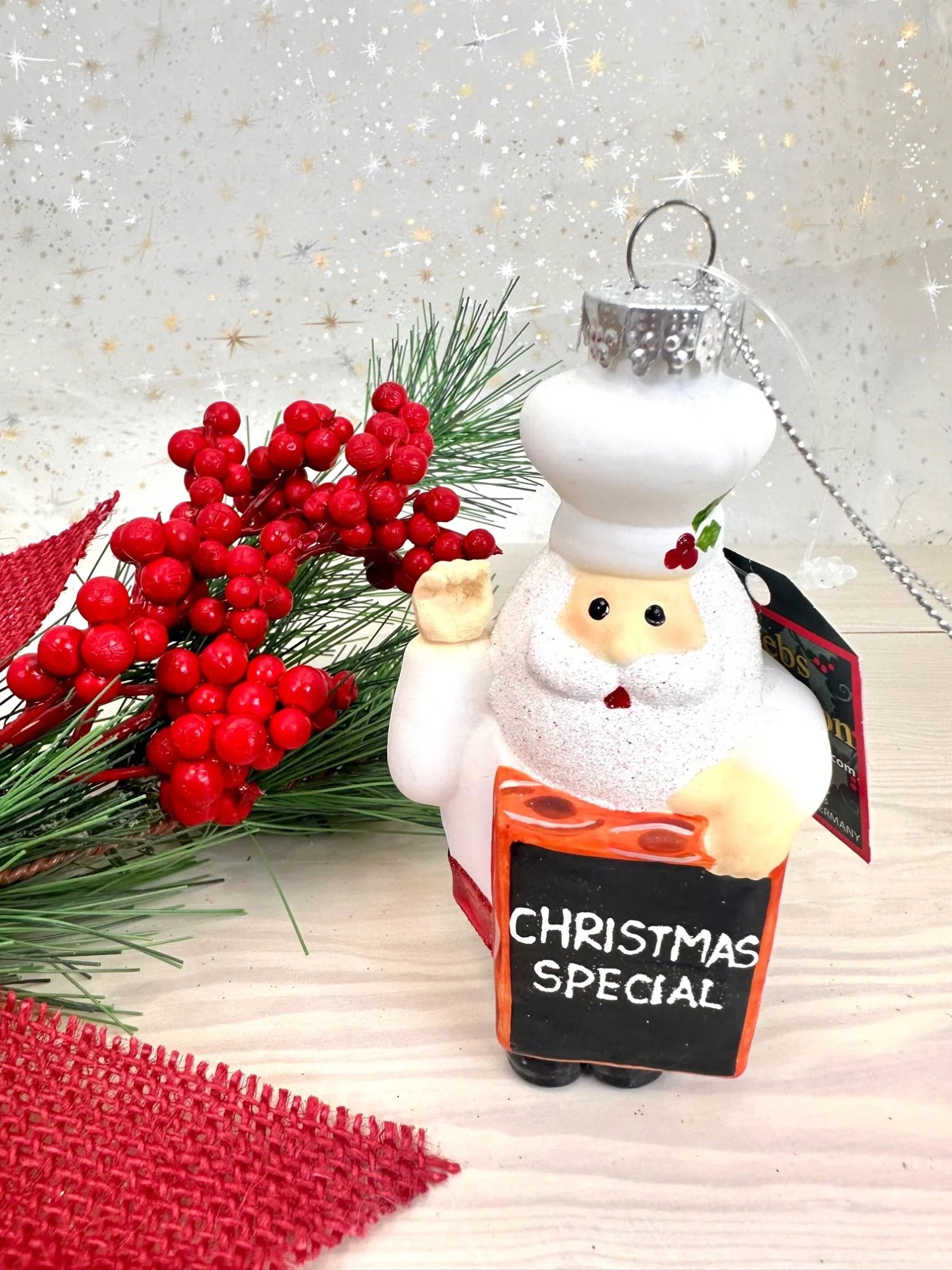 Santa Chef with Chalkboard Glass Ornament - 4 Inch