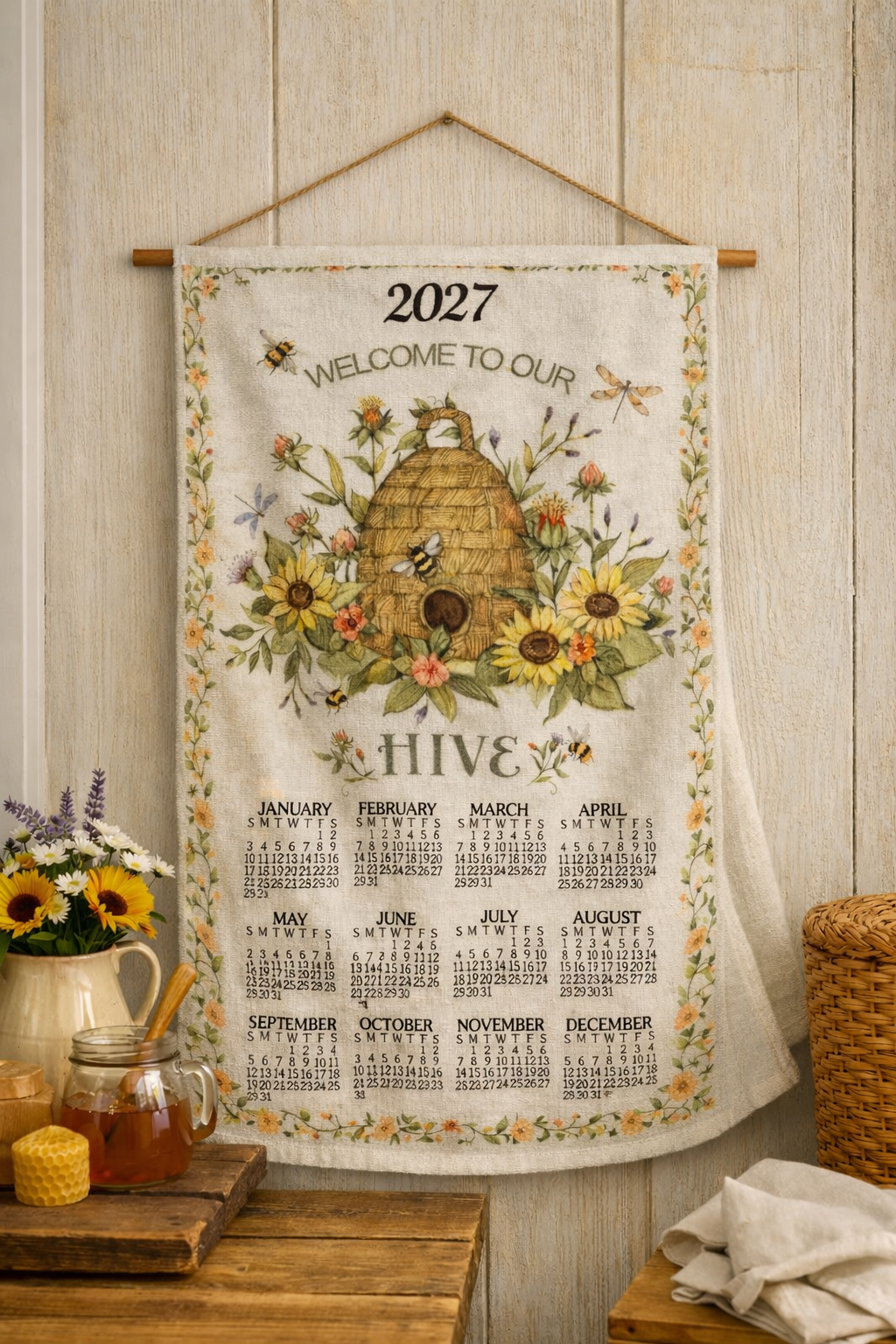 2027 Linen Calendar Towel - Bee Floral