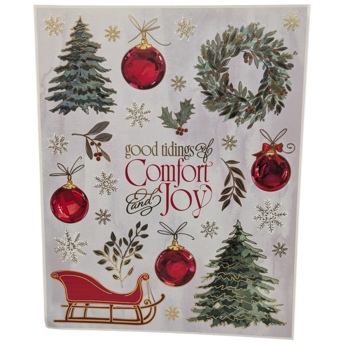 Good Tidings of Comfort and Joy Foil-Accented Window Cling Sheet – Traditional Holiday Classic