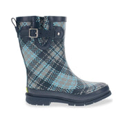 Western Tweed Plaid Faux Fur Mid Rain Boot - Blue Plaid by Lenny's Shoe & Apparel
