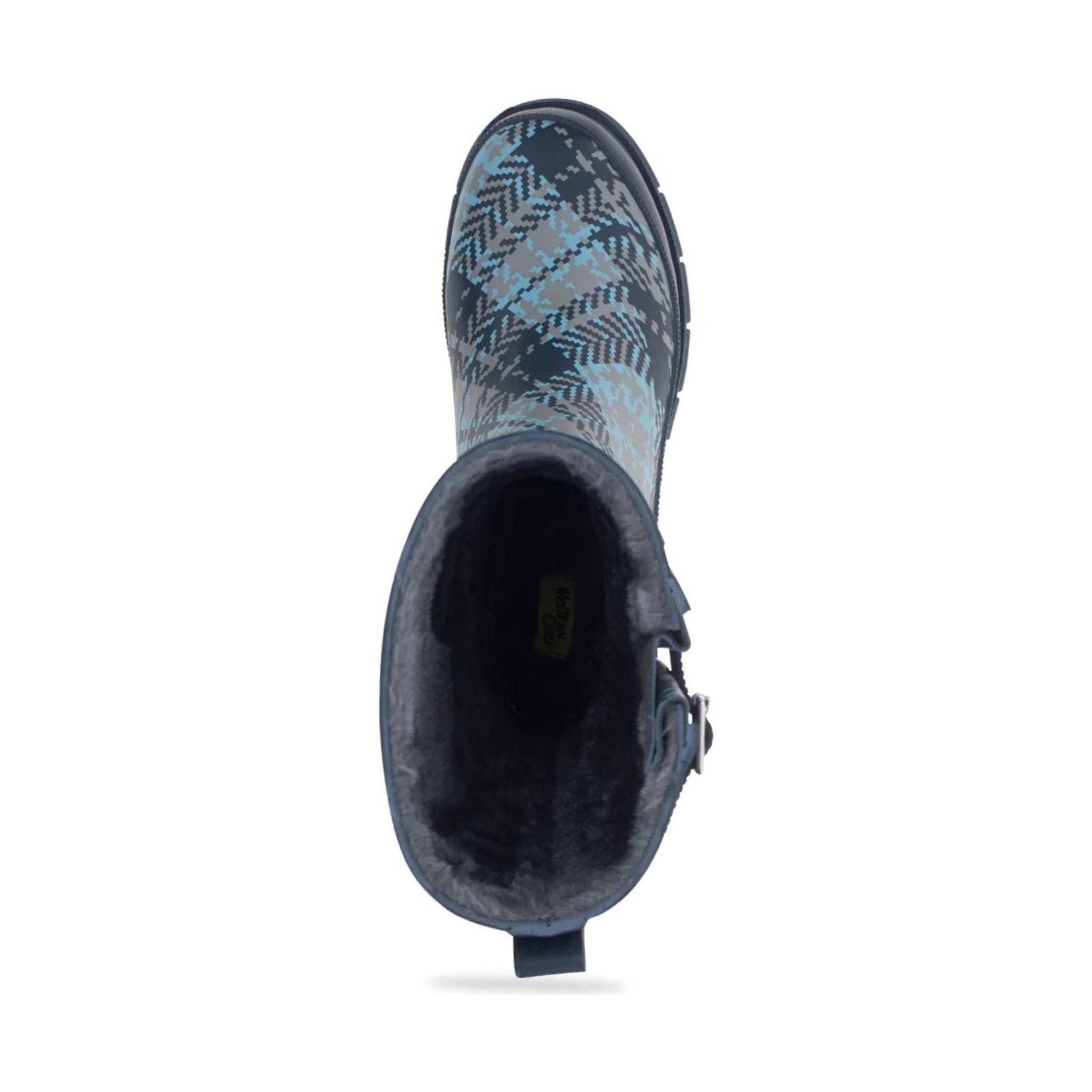 Western Tweed Plaid Faux Fur Mid Rain Boot - Blue Plaid by Lenny's Shoe & Apparel