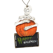 Wooden Halloween Ornament -  Skeleton on a Pumpkin