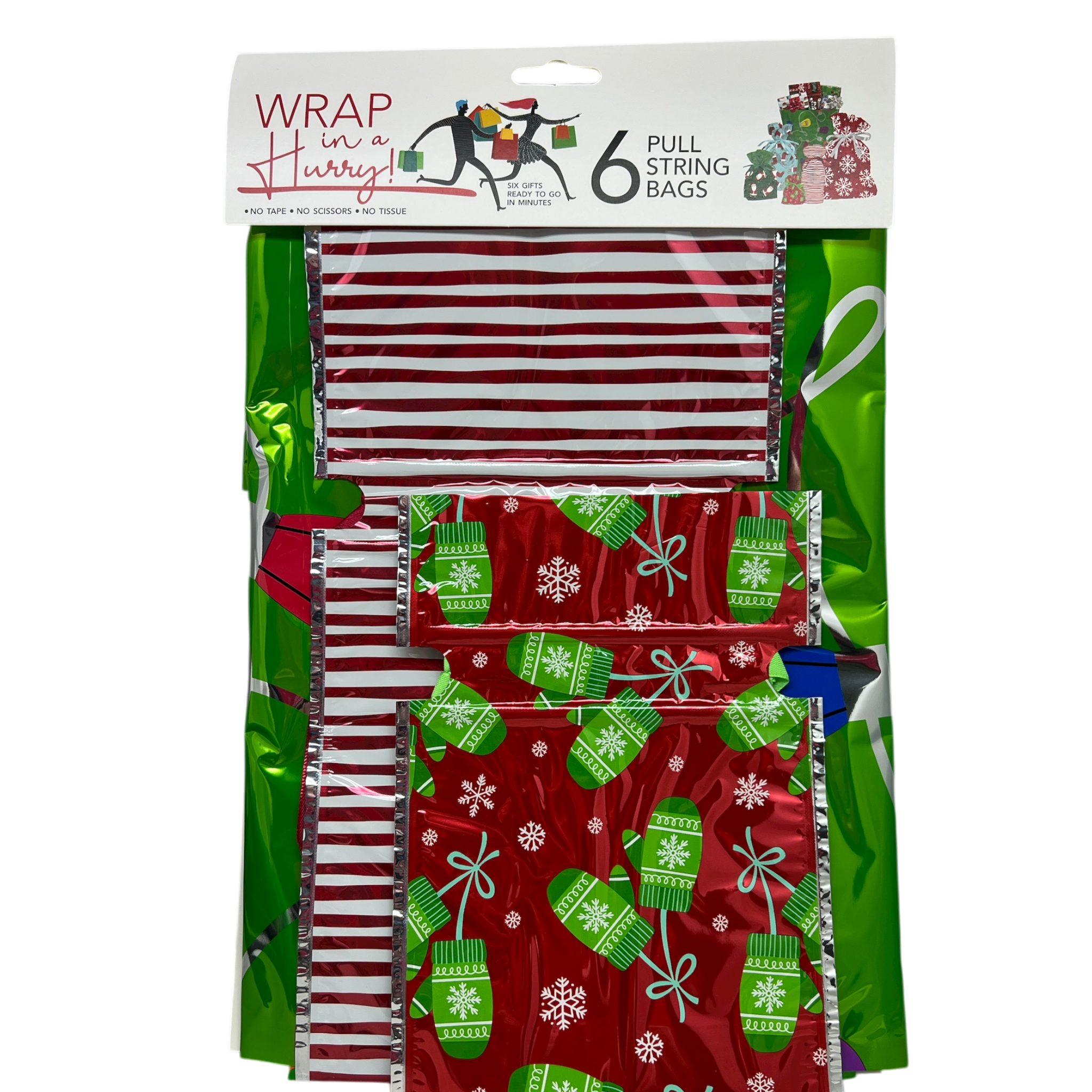 Wrap In A Hurry Pull String Gift Bag 6 piece Festive Assortment
