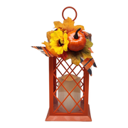 Harvest Lantern with Flickering LED Candle - Orange