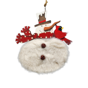 Wood and Fur Snowman Ornament - Red Scarf with Cardinal