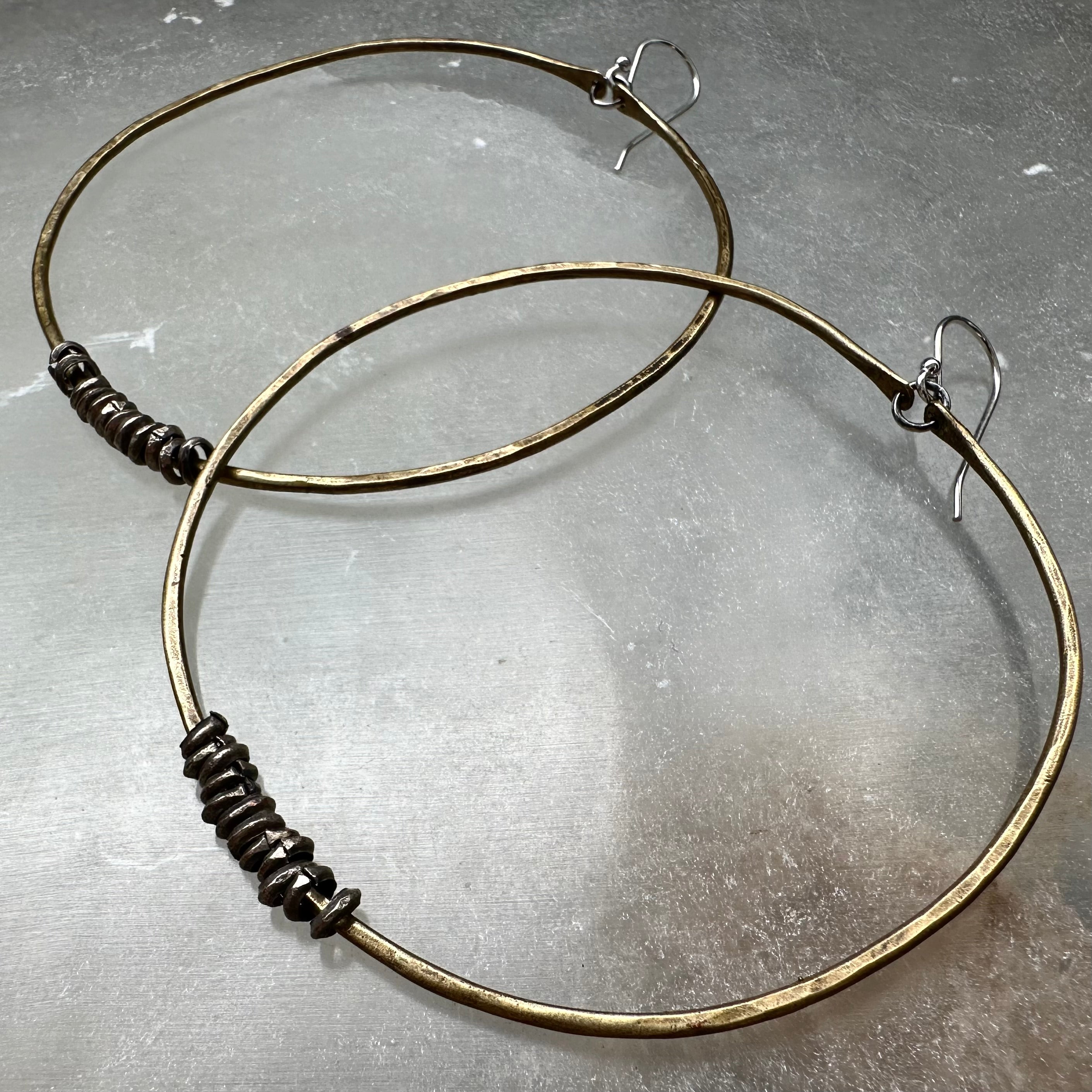 Brass Hoop Earrings with Silver Heishi