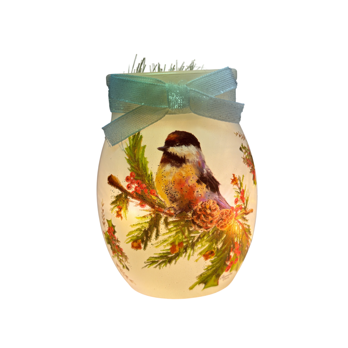 Chickadee Lighted Vase - White Ribbon