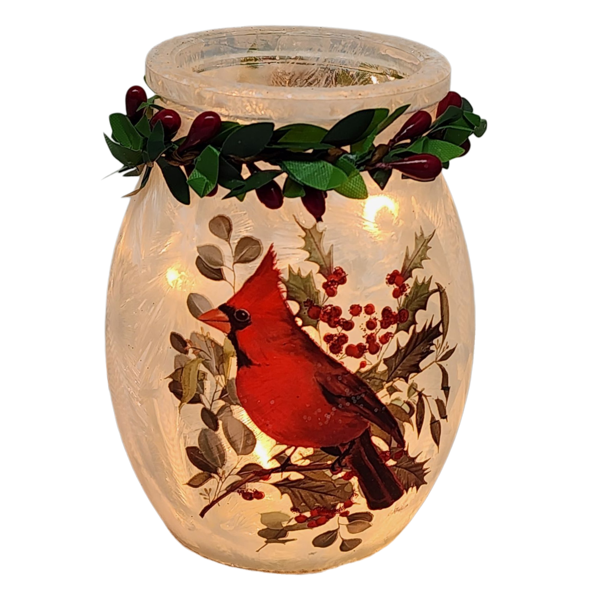4 Inch Lighted Jar with Garland - Solo Cardinal Elegance