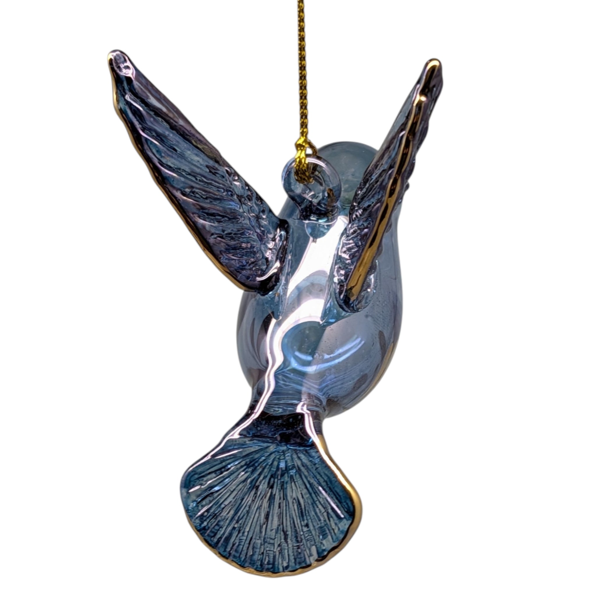 Gold Etched Glass Hummingbird Ornament - Blue