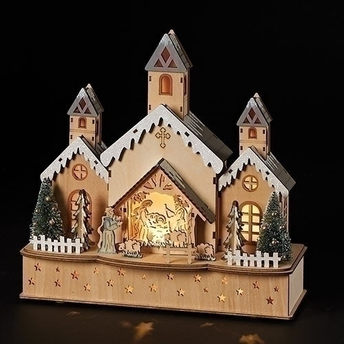 LED Wooden Church with Nativity Scene - 12 inch