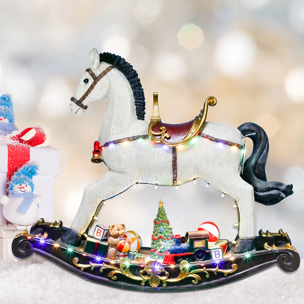 Musical Rocking Horse Village Scene - 23" tall