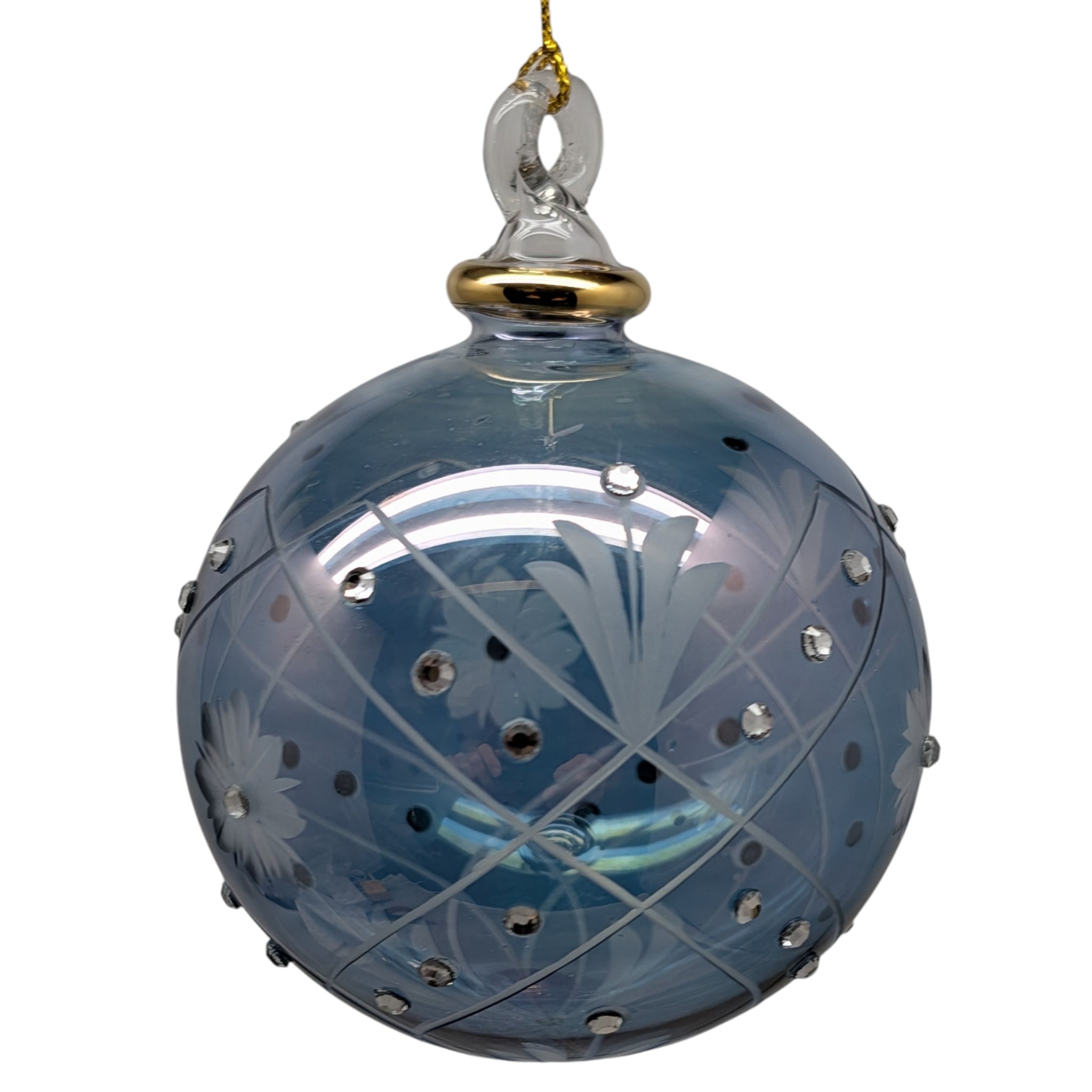 Slate Blue Ball Ornament with Crystal Chatons and Gold Crown