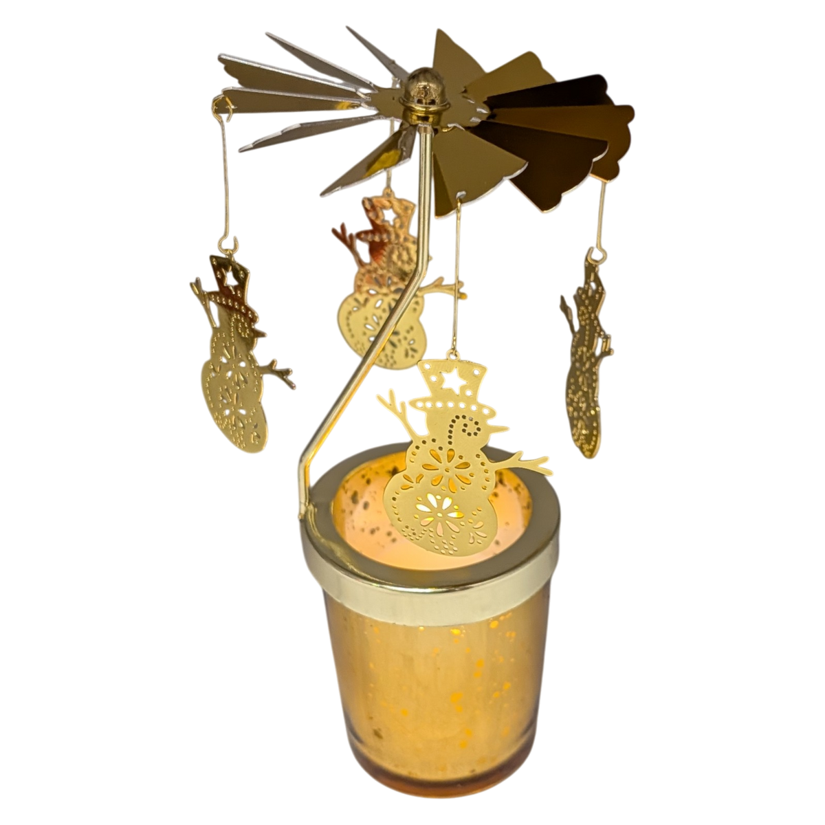 Starry Sky Rotating Candle Holder - Gold with Snowman Dangles