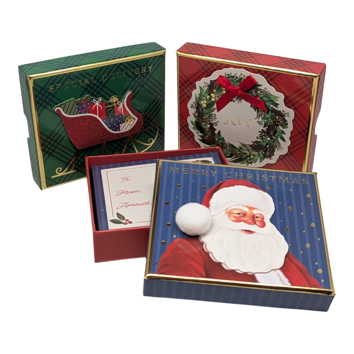 Holiday Gift Box Set of 3 - Santa, Sleigh & Wreath Designs