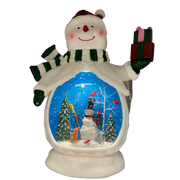 B/O Lighted Musical Spinning Water Globe Snowman with Holiday Scene White Coat