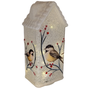 Lighted Glass Chickadee House Luminary