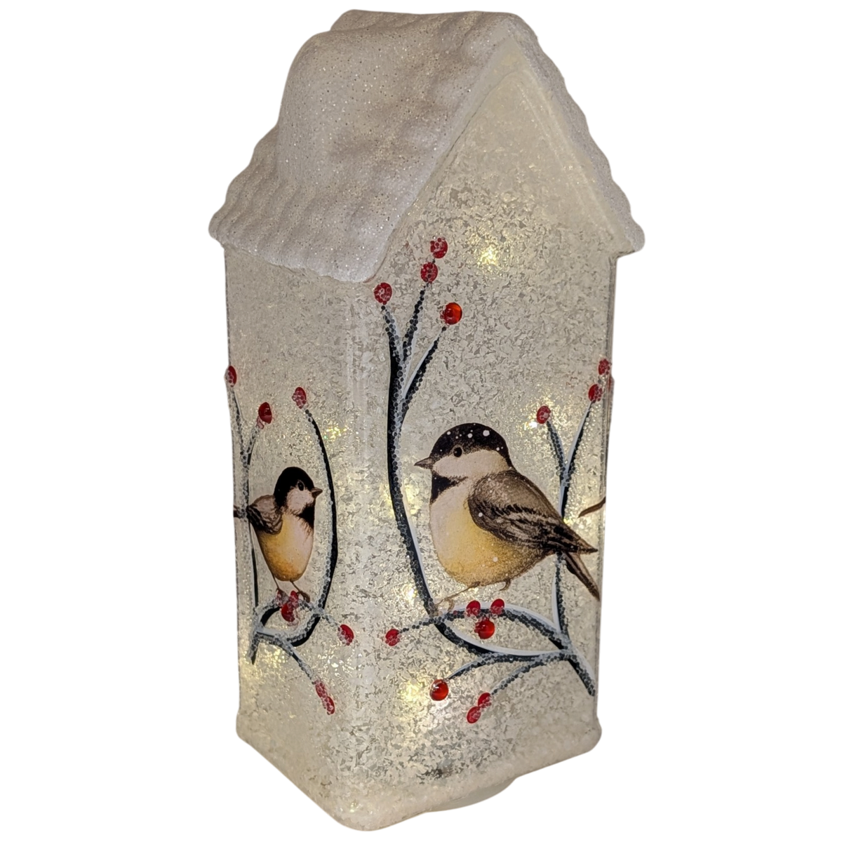 Lighted Glass Chickadee House Luminary