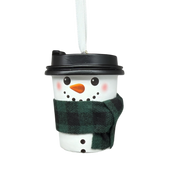 Cup of Cheer Snowman Ornament - Green and Black Scarf