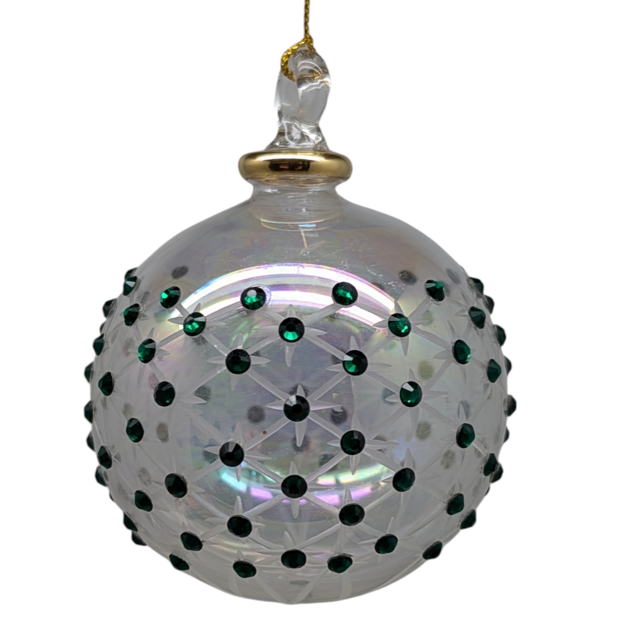 Crystal Clear Ball Ornament with Emerald Green Chatons and Gold Crown