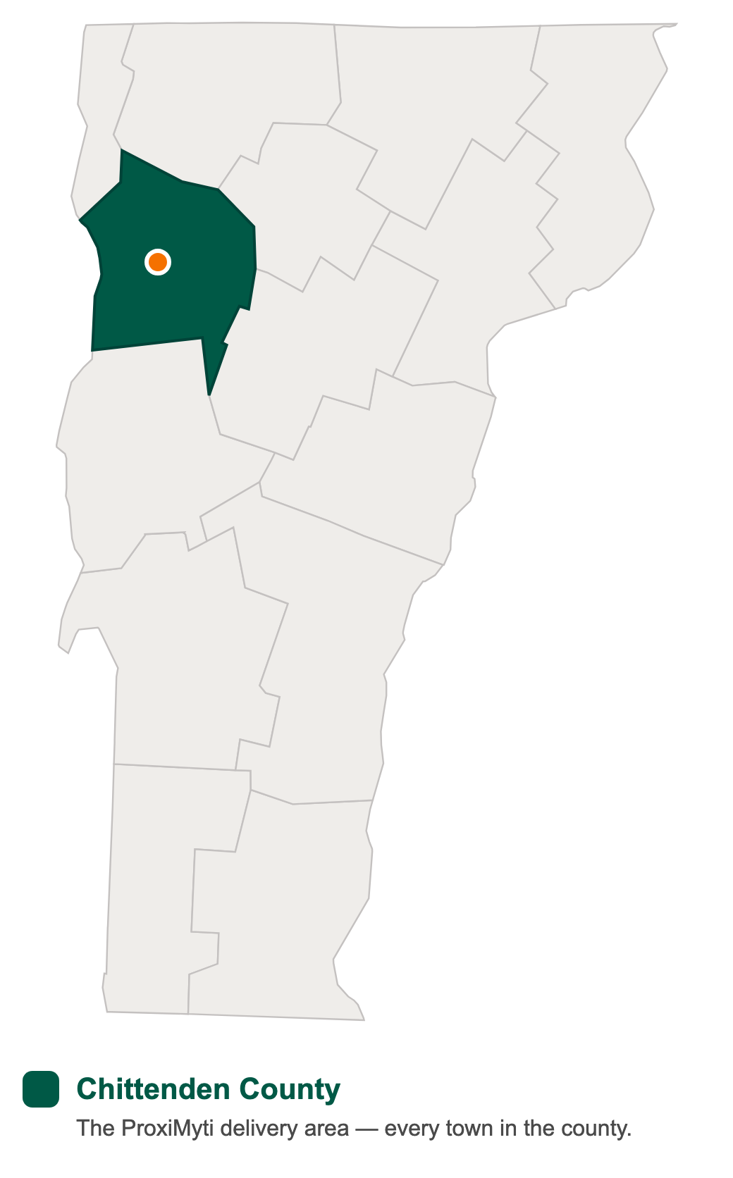 Map of Vermont with Chittenden County highlighted as the ProxiMyti delivery area
