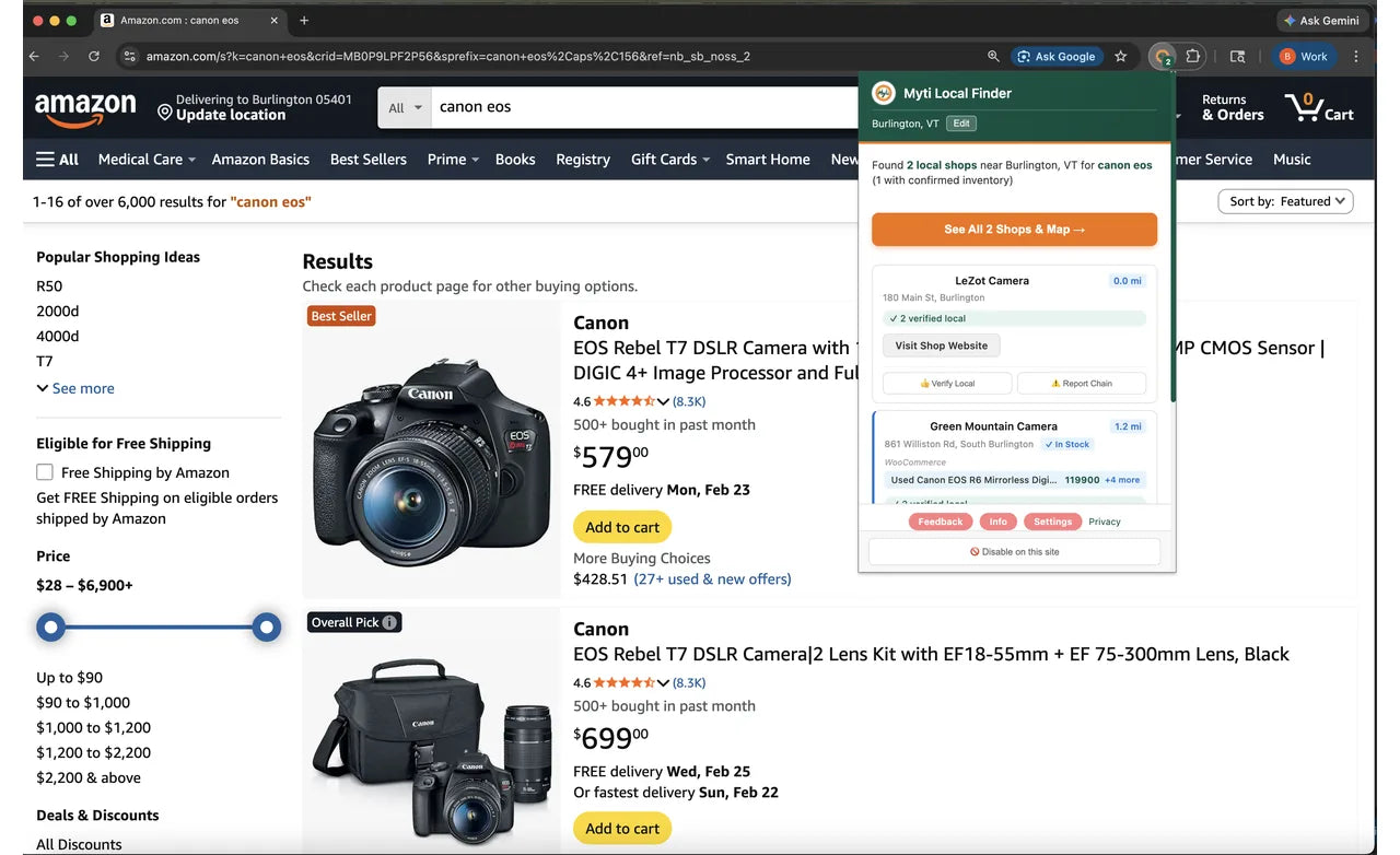 Screenshot: an Amazon search for canon eos in Chrome, with the Myti Local Finder popup open in the top-right corner listing two Burlington camera shops